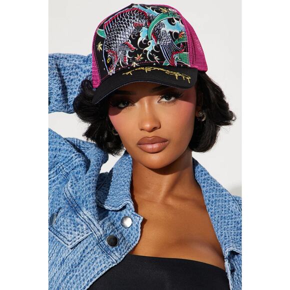 Ed Hardy Trucker Hat Embroidered Tattoo Koi Fish Black/Purple Mesh Snapback Cap - Picture 2 of 7